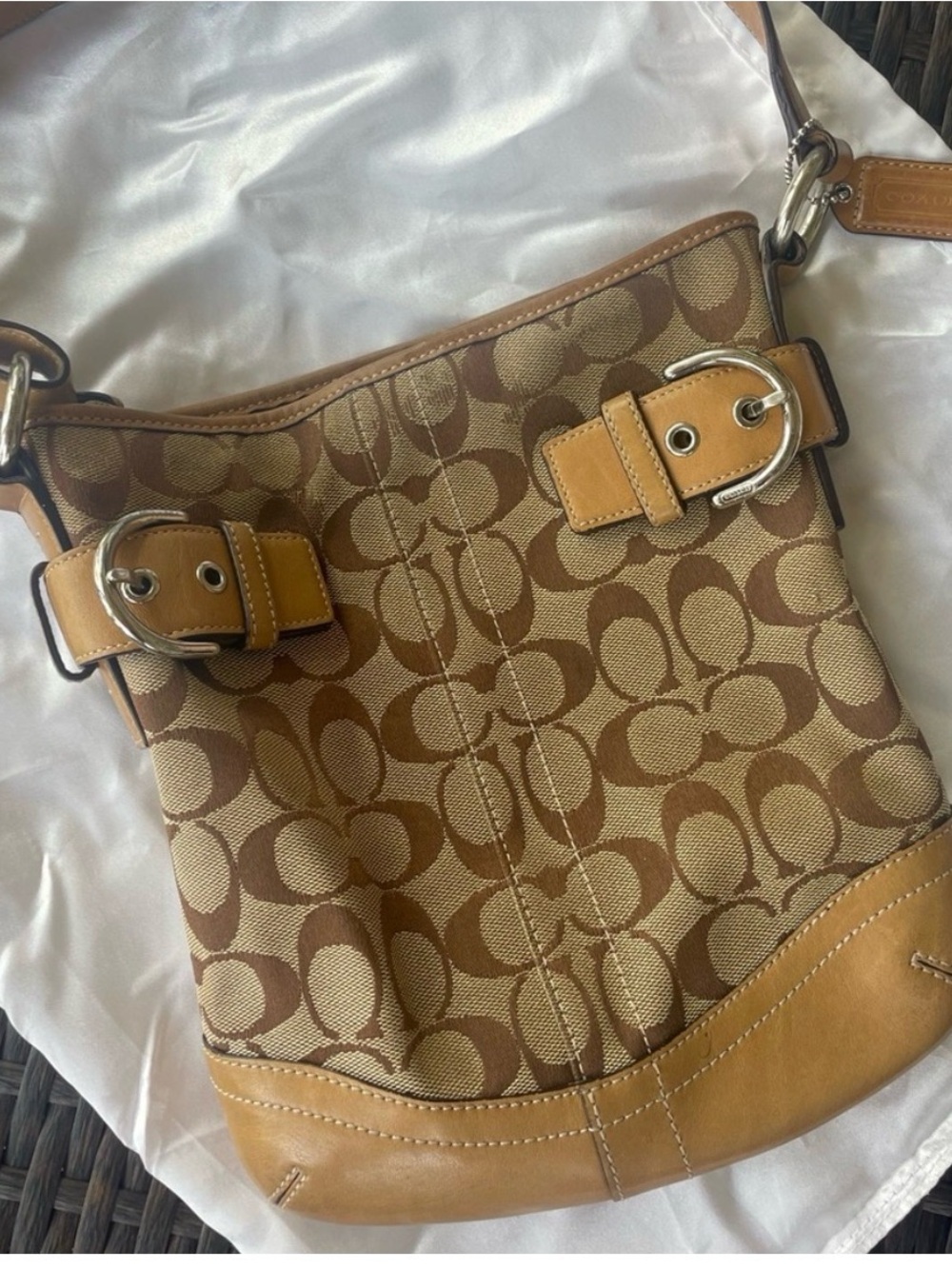 Coach Brown Tan Signature Canvas Shoulder Bag with Leather Trim - Picture 7 of 8